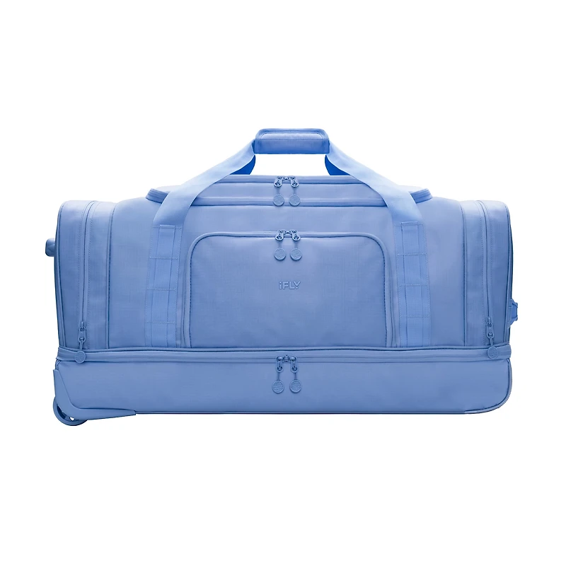 iFLY 30" Drop-Bottom Rolling Duffel – Large Travel Bag with Wheels, Frost Blue