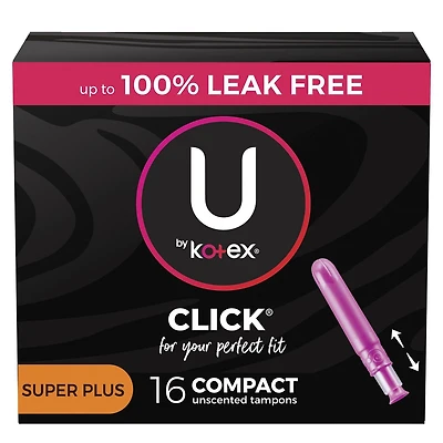 Tampons compacts U by Kotex Click, absorption super plus, non parfumés, 16 tampons 16 Unités