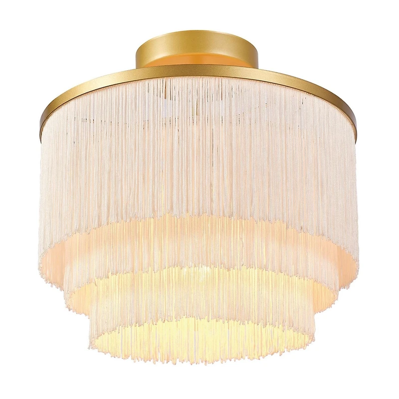 Plafonnier affleurant à 1 ampoule Janis de Novogratz x Globe, or mat, abat-jour en tissu frangé blanc