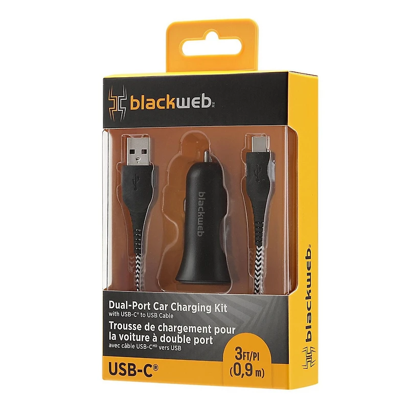 Trousse de chargement à double port pour la voiture avec câble USB-C vers USB de 0,9 m (3 pi) blackweb (Noir)