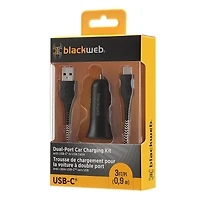 Trousse de chargement à double port pour la voiture avec câble USB-C vers USB de 0,9 m (3 pi) blackweb (Noir)