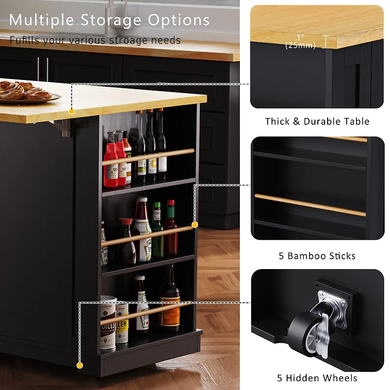 Noble House 53inch Large Kitchen Island with 2 Bar Stools, Power Outlet,Black