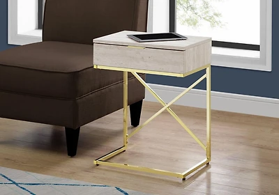 Monarch Specialties Accent Table, Side, End, Nightstand, Lamp, Storage Drawer, Living Room, Bedroom, Beige Marble Look Laminate, Gold Metal, Contemporary, Modern