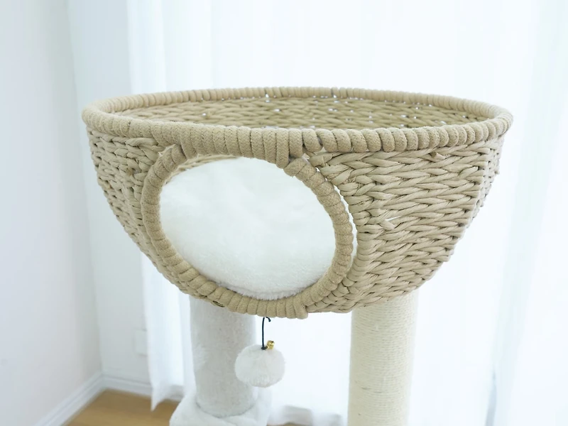 Home4Cat 48" Cat Tree with Two Handwoven Basket Bed, Hammock, Sisal Scratching Posts, Beige & Cream