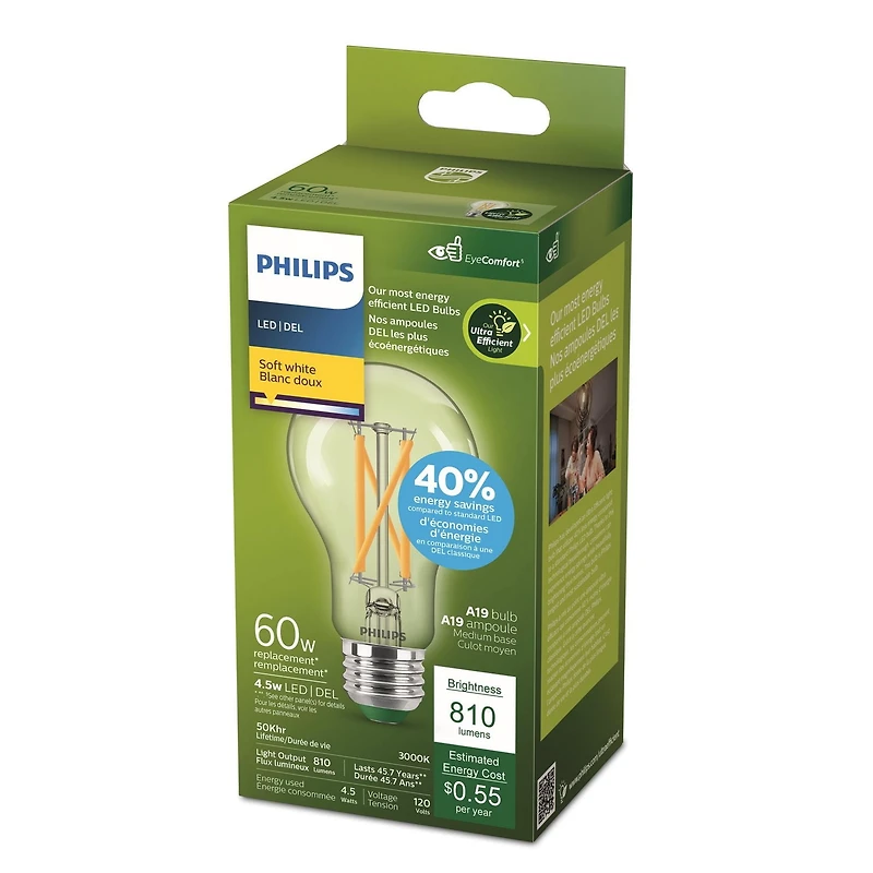 Philips Ultra Efficient LED Bulb 60W A19 1PK Soft White Clear Dimmable Medium Base, Philips UE LED 60W A19