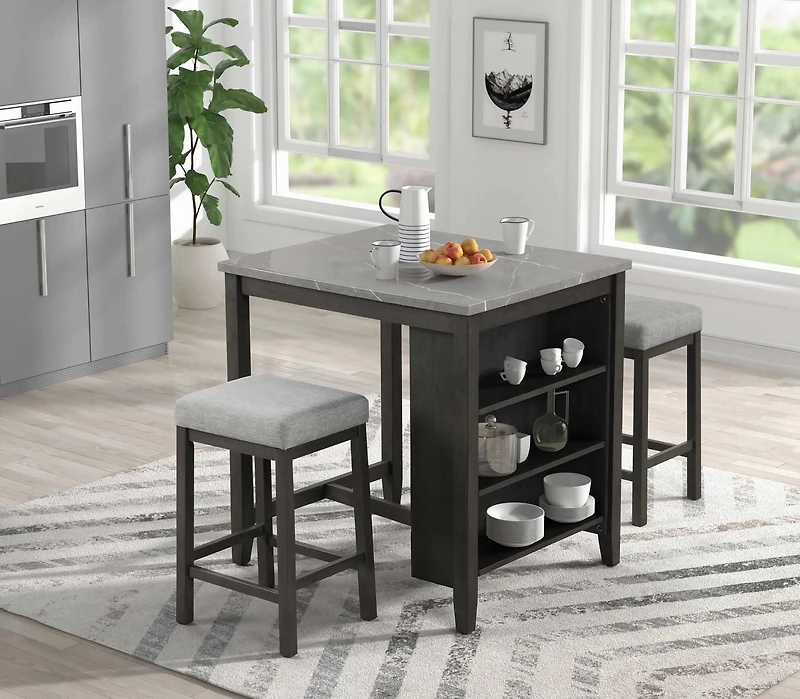 K-Living Pheony Marble Counter Height Table with Storage and & 2 Bar Stools