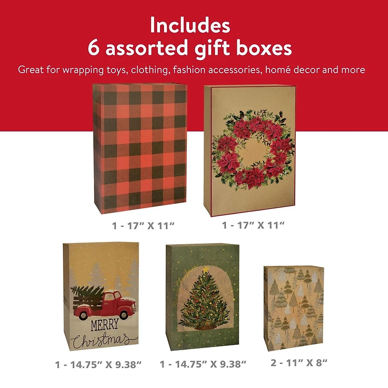 Boîtes-cadeaux Holiday Time pliantes imprimées de Noël en carton kraft, 3 tailles assorties, 6 boîtes, de Holiday Time 6 boîtes-cadeaux de Noël en carton kraft imprimées