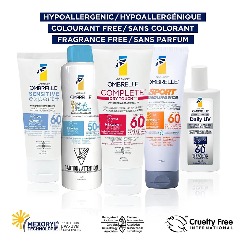 Garnier Ombrelle Daily UV SPF 60, lotion solaire légère anti-âge pour le visage et crème hydratante, très haute protection à large spectre, hydrate et combat les signes du vieillissement, hypoallergén