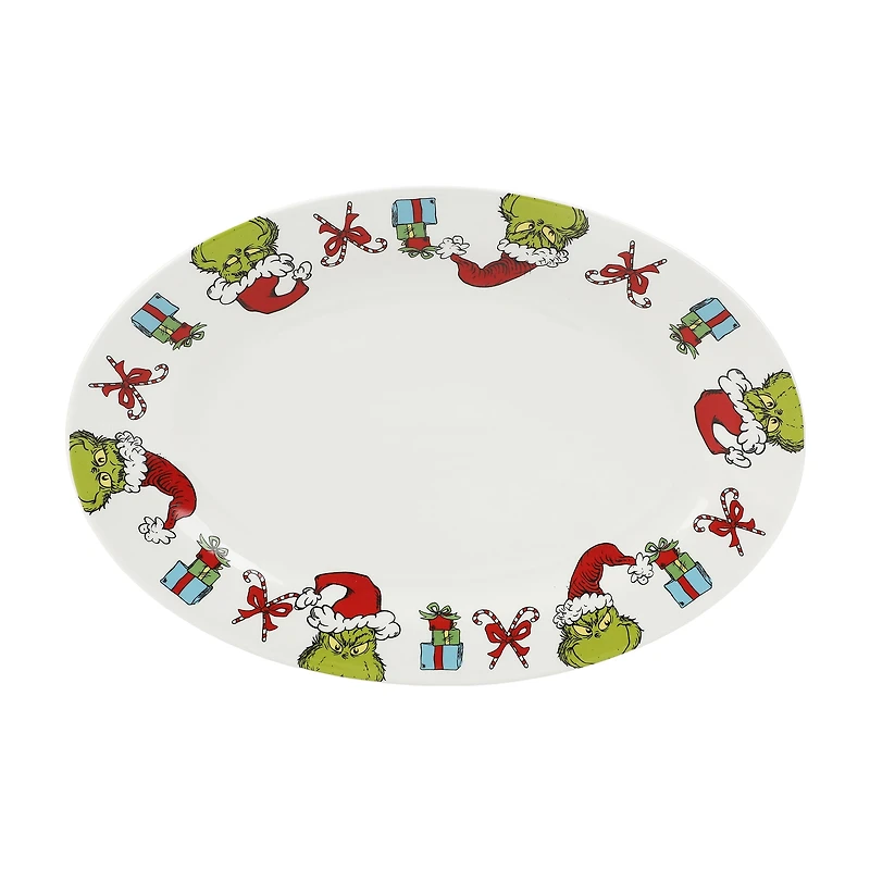 Plateau En Céramique Oblong De 14 Po Du Grinch Avec Bordure De Cadeaux Et De Canne En Sucre VENDOR LICENSE PLATEAU OVALE GRINCH