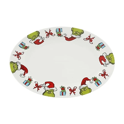 Plateau En Céramique Oblong De 14 Po Du Grinch Avec Bordure De Cadeaux Et De Canne En Sucre VENDOR LICENSE PLATEAU OVALE GRINCH