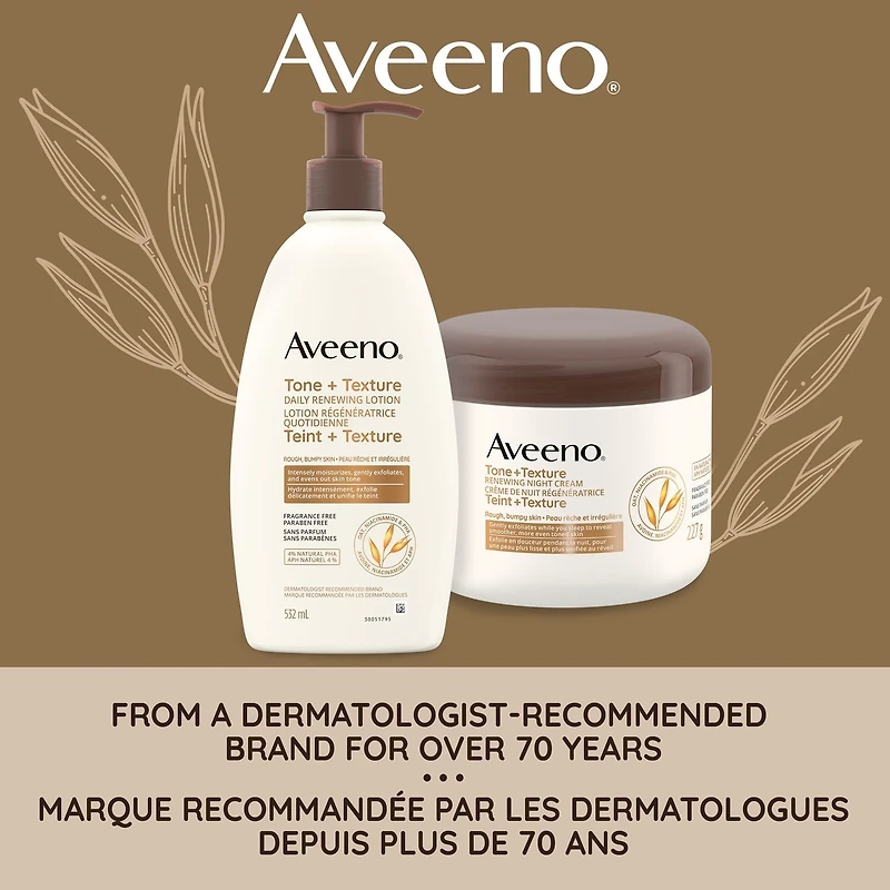 Aveeno Tone and Texture Renewing Overnight Cream, Body Lotion, Keratosis Pilaris Cream, Oat, Vitamin B3, PHA, Exfoliator, 227 mL