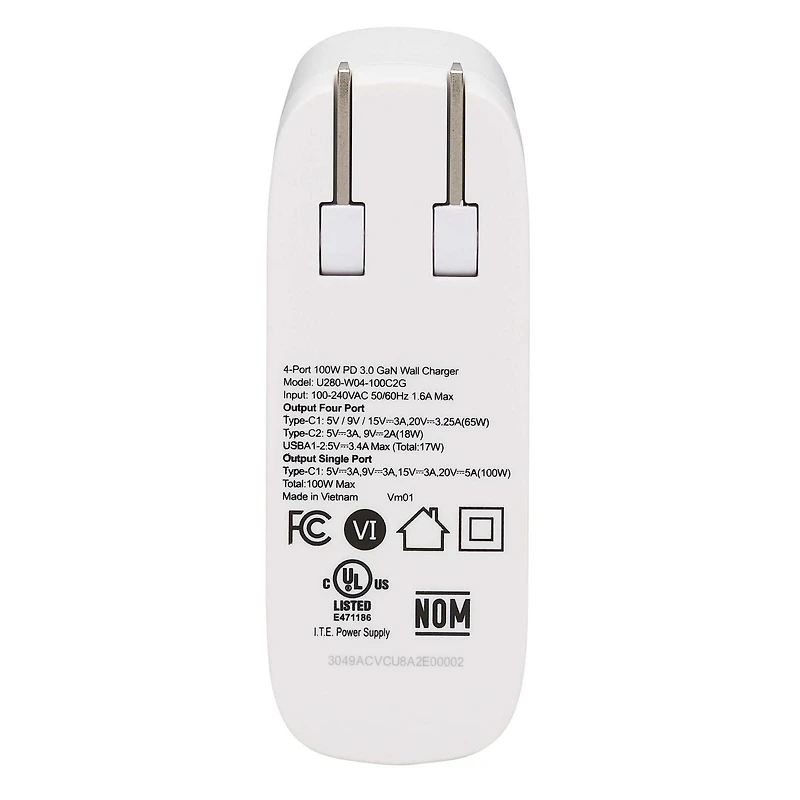 Chargeur mural USB Tripp Lite à 4 ports, 100W PD, technologie GaN, 2 ports USB-C et 2 ports USB-A, blanc