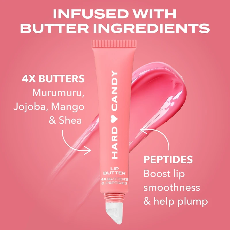 Hard Candy Lip Butter Glowy Balm, Pêche fouettée, teinte rose pêche transparente, brillance, hydratation