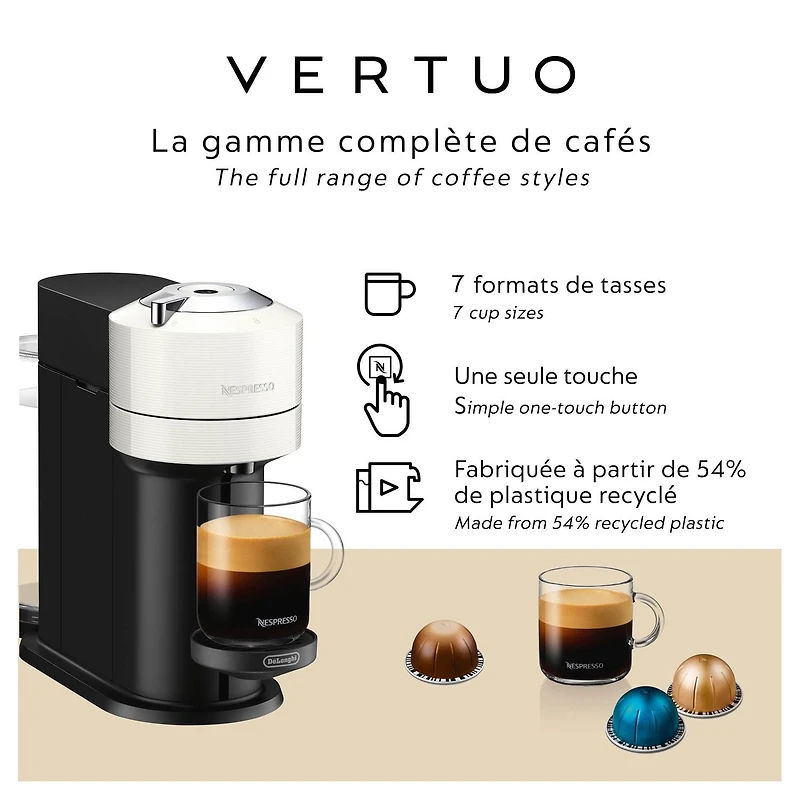 Nespresso Vertuo Next Coffee and Espresso Machine by De'Longhi, White, 7 cup sizes