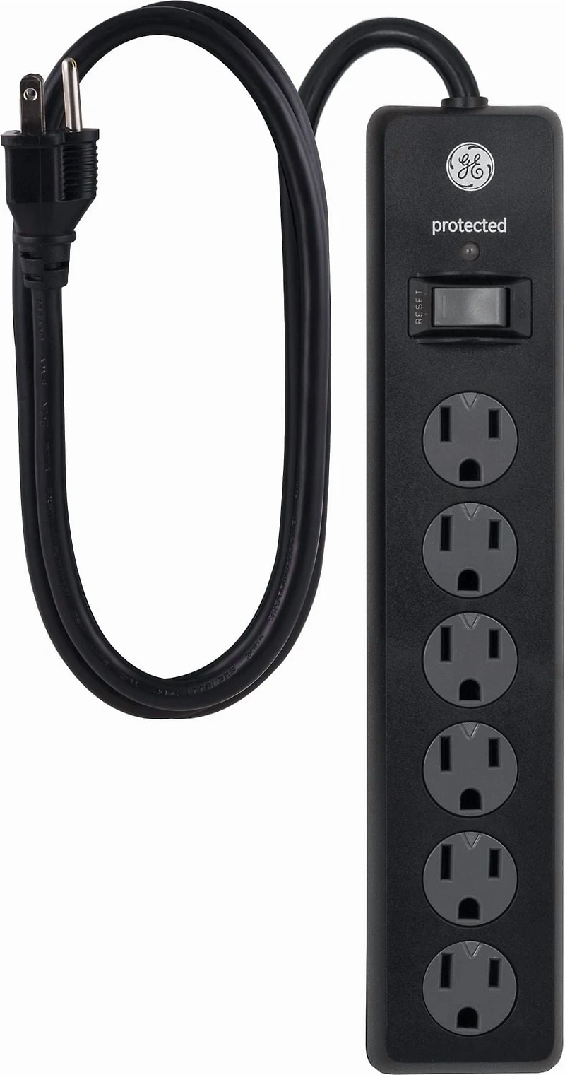 GE 6-Outlet 3 ft Surge Protector Extension Cord, 2-Pack, Black, 58188