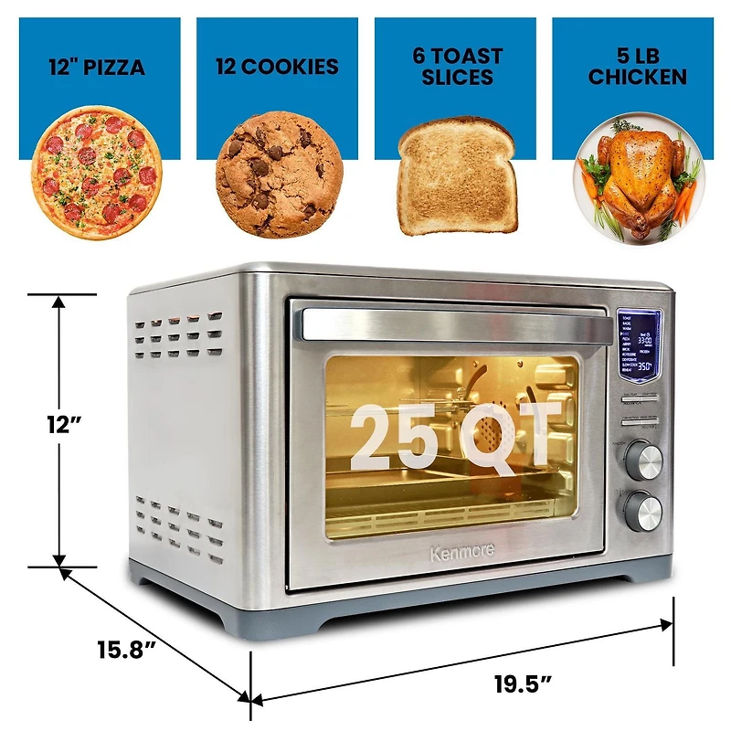 Four grille-pain à friteuse à air numérique Kenmore 11 en 1, préchauffage rapide avec four à friteuse à air à minuterie automatique, acier inoxydable Cool-touch de 1 700 W.