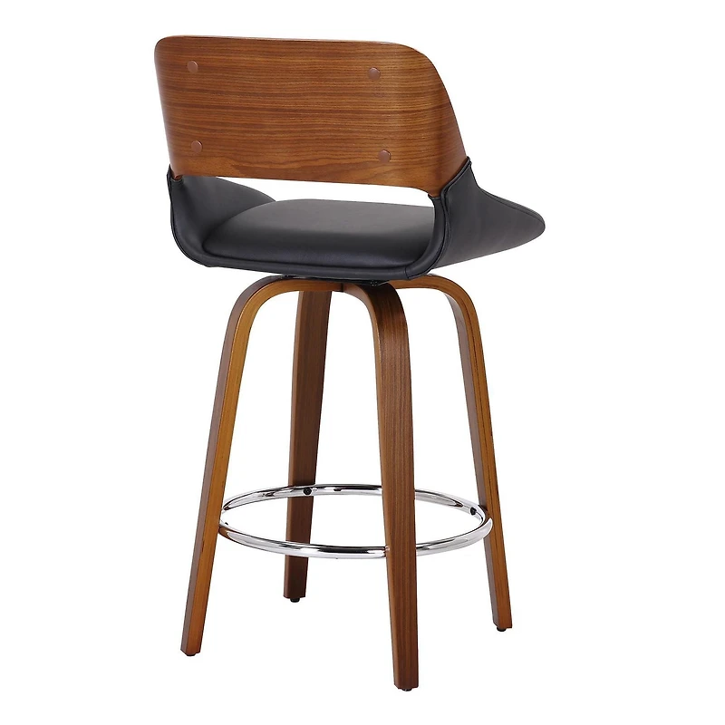 Tabouret de Comptoir, 26 po, avec Siège Pivotant Milieu du Siècle Moderne en Similicuir et Bois - Noir et Noyer