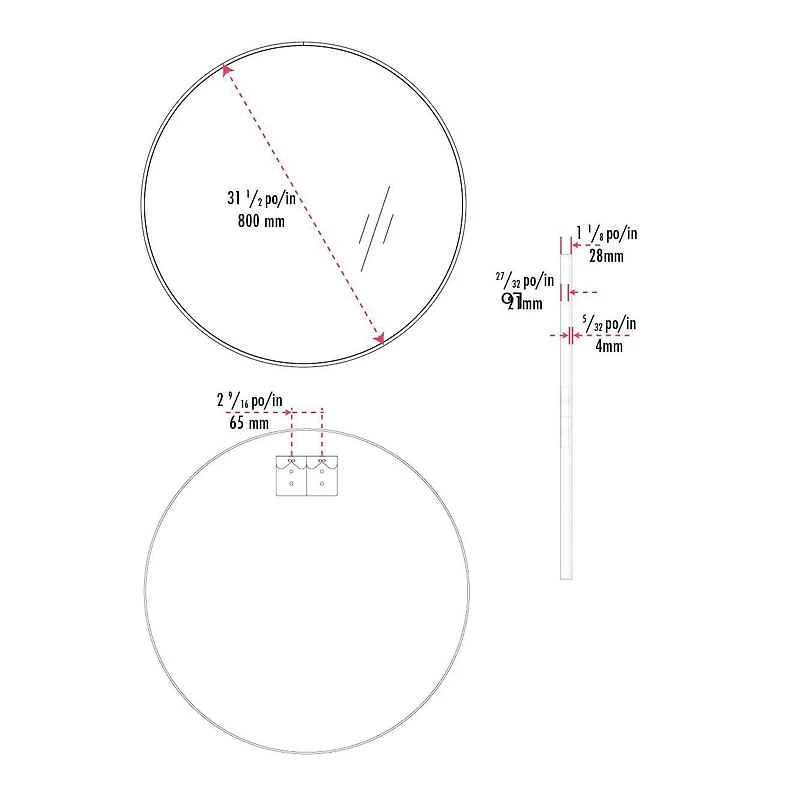 Miroir rond avec cadre en aluminium 31 1/2 po (80 cm)