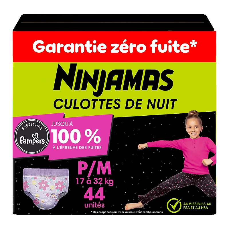 Ninjamas Nighttime Bedwetting Underwear Girl, Sizes S/M - L/XL, 34-44 Count