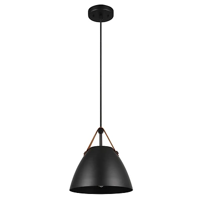 Luminaire suspendu noir mat à 1 ampoule avec sangle décorative en similicuir