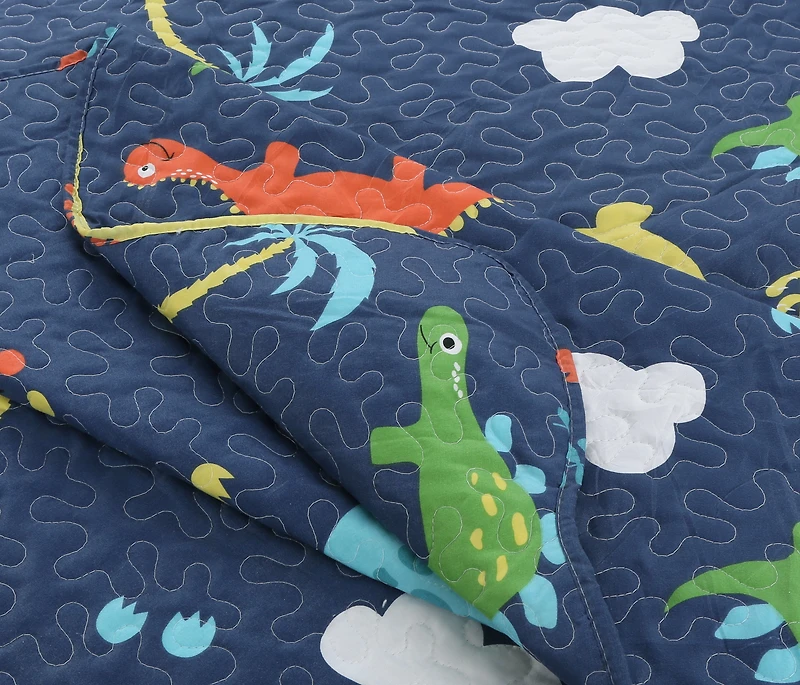 Marina Decoration Rich Printed Stitching Coverlet Bedspread Ultra Soft Summer Bedding Quilt Set with Quilted Sham, Dinosaur Zoo with Navy Blue Pattern