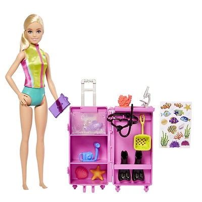 ​Barbie Dolls & Accessories, Marine Biologist Doll (Blonde) & Mobile Lab Playset with 10+ Pieces, Case Opens for Storage & Travel, Ages 3+