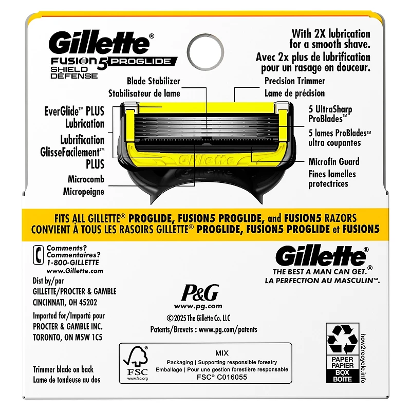 Cartouches de rechange de rasoir Gillette Fusion5ProGlide Défense pour hommes de rechange de rasoir pour manche de rasoir Flex-pivot, 2x plus de lubrification, lame de précision pour hommes