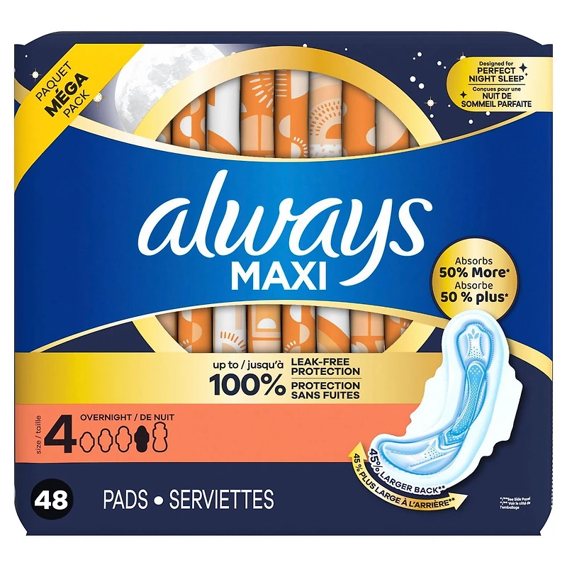 Always Maxi Overnight Pads with Wings for Women, Size 4, Overnight Absorbency, Unscented, 48CT