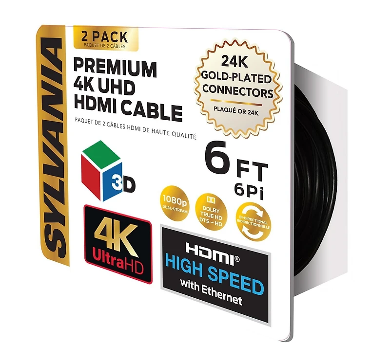 2 paquets de câbles HDMI haut de gamme de 6 pieds Sylvania