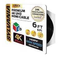 2 paquets de câbles HDMI haut de gamme de 6 pieds Sylvania
