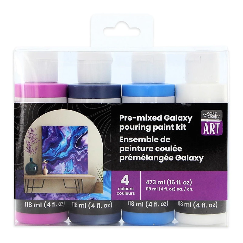 UNIQUE Creativ ART Ensemble de peinture coulante Galazy, prémélangée, 4 × 118 ml