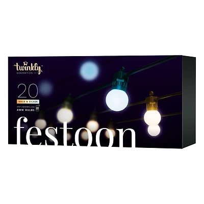 Twinkly Festoon Ampoules LED Smart 20 AWW, guirlande noire de 33 pieds, Gen II