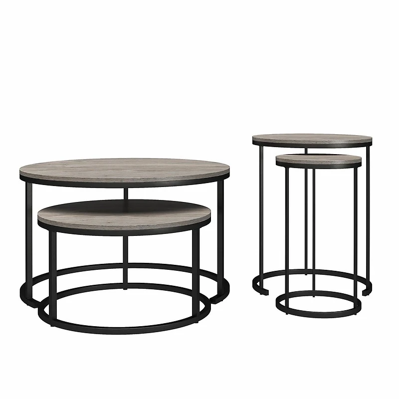 Ameriwood Home Camdale 4-Piece Nesting Coffee and End Table Bundle, Gray Oak w/ Black Meta