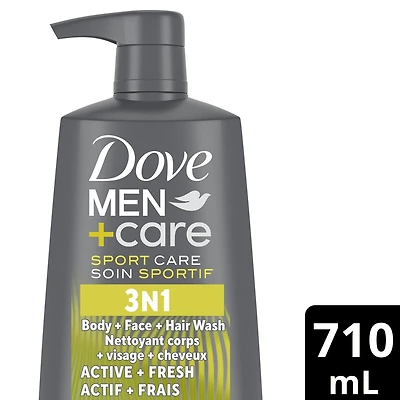 3-en-1 pour le Corps, les Cheveux et le Visage avec Technologie Micromoisture Nourrissante 24 Heures, Gel Douche pour Hommes Dove Men+Care Revitalisant Actif + Fraîcheur, 710mL 710mL