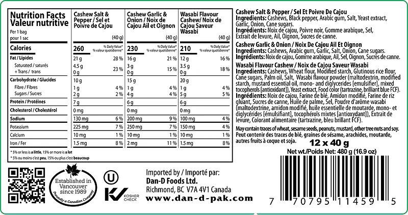 DAN D PAK SNACKING NOIX DE CAJOU Mixtes 480g