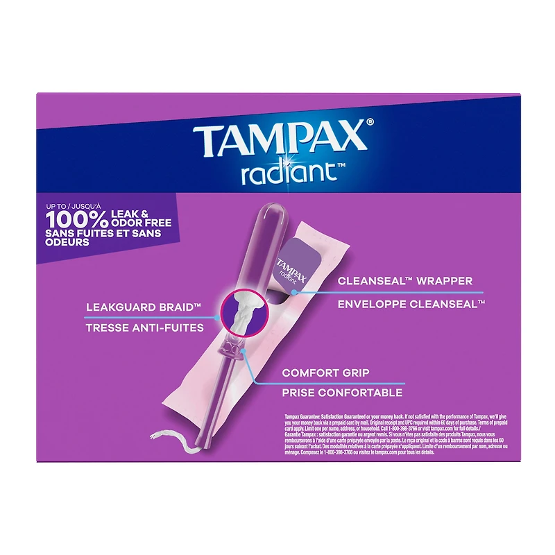 Tampons Tampax Radiant, avec tresse anti-fuites LeakGuard, degrés d’absorption régulier/super, emballage multiple, non parfumés
