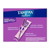 Tampons Tampax Radiant, avec tresse anti-fuites LeakGuard, degrés d’absorption régulier/super, emballage multiple, non parfumés