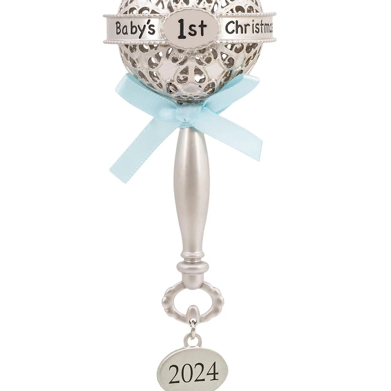 Hallmark Christmas Ornament (Baby's First Christmas Silver Baby Rattle With Blue Ribbon 2024 Premium Metal)