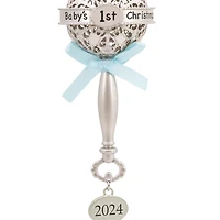 Hallmark Christmas Ornament (Baby's First Christmas Silver Baby Rattle With Blue Ribbon 2024 Premium Metal)