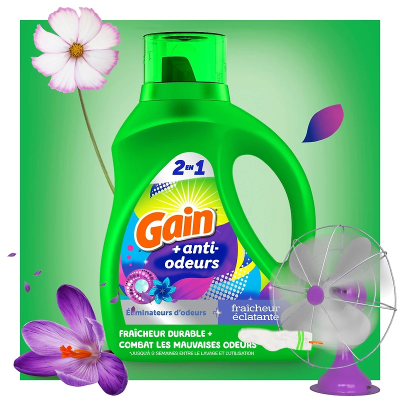 Détergent à lessive liquide Gain Odeur Defense, parfum Fraîcheur éclatante, 4,2 L, 100 brassées, 2 en 1, détergent à lessive liquide, compatible avec les laveuses HE
