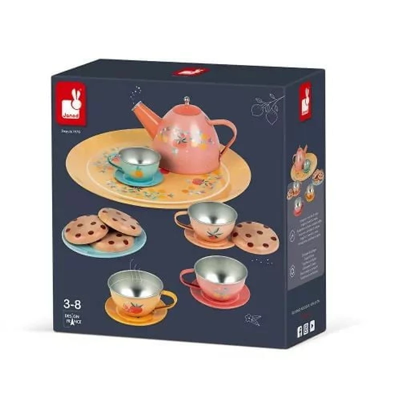 Janod - Metal Tea Set Dinnerware - 15 Pieces - Motor Skills Development Toy - Early-Learning - Pretend and Imaginative Play - for Toddlers - from 3 Years +