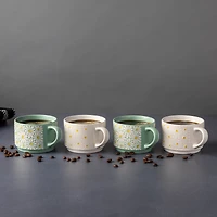 Thyme & Table White 4 Pack Stacking White and Green Floral Mugs 11.1 fl oz, Stoneware