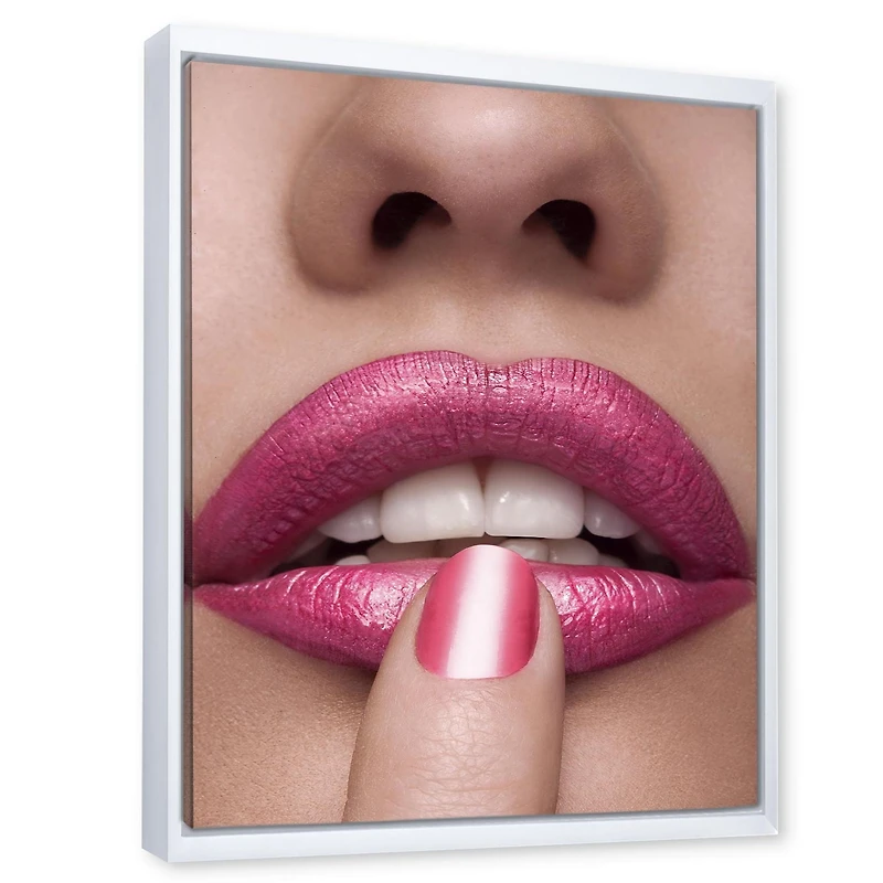 Designart Pink Woman Lips With Finger On Mouth FLOAT FRAME WALL ART