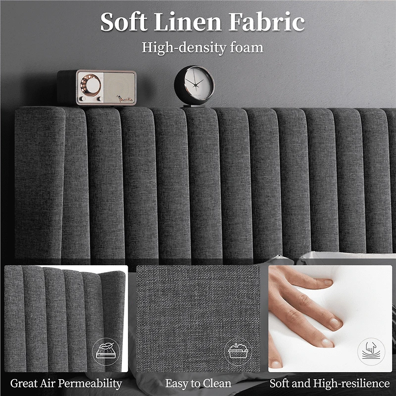 Fullfurnique Upholstered Bed Frame with Wing Side and Channel Headboard, Queen, Dark Gray