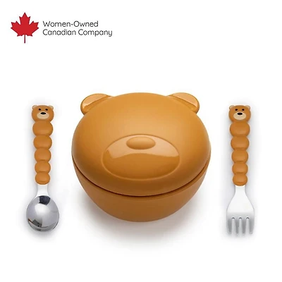 Melii Bol en silicone avec couvercle et ustensiles - cuillère et fourchette pour bébé, jeunes enfants et enfants, sans BPA, lavable au lave-vaisselle et va au micro-ondes.