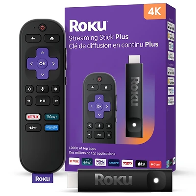 Clé de diffusion en continu Roku® Plus 2025 – Lecteur de streaming 4K et HDR pour télé avec télécommande vocale – TV en direct et gratuite