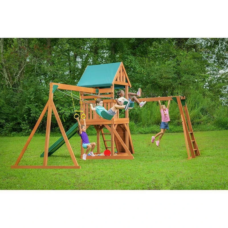 Creative Cedar Designs Mountain View Wooden Playset with Rock Wall, Slide and Swings (Multi-Colour & Green)