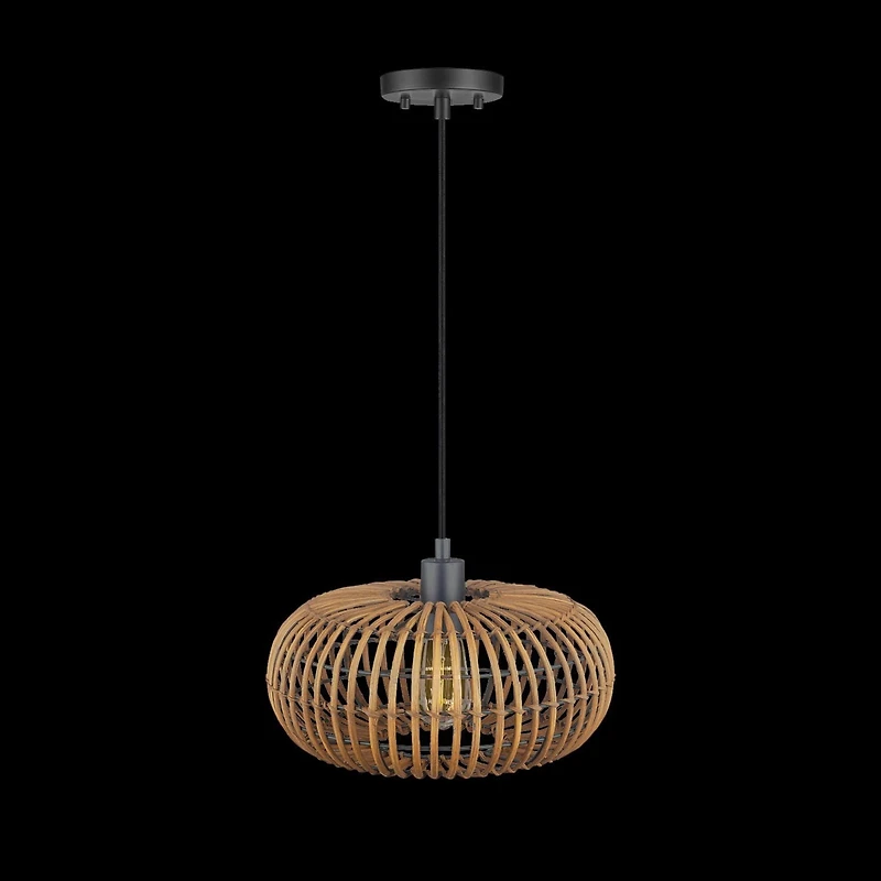 Novogratz x Globe Electric Trancoso 1-Light Metal Pendant Light, Rattan Shade, Black Socket, Black Fabric Hanging Cord, 61063