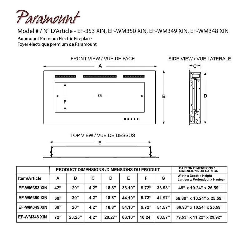 Foyer électrique Paramount Smart Premium, 60 po avec LED 3 couleurs