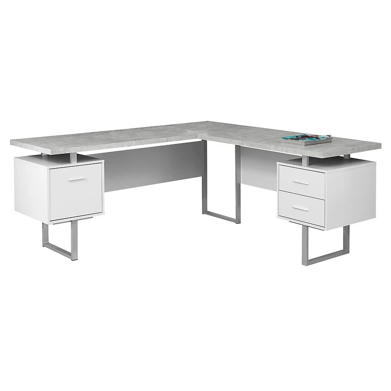 Monarch Specialties Bureau, Bureau À Domicile, Coin, Configuration Gauche, Droite, Tiroirs De Rangement, 70"l, Forme De L, Travail, Ordinateur Portable, Métal, Stratifié, Gris, Blanc, Contemporain, Mo